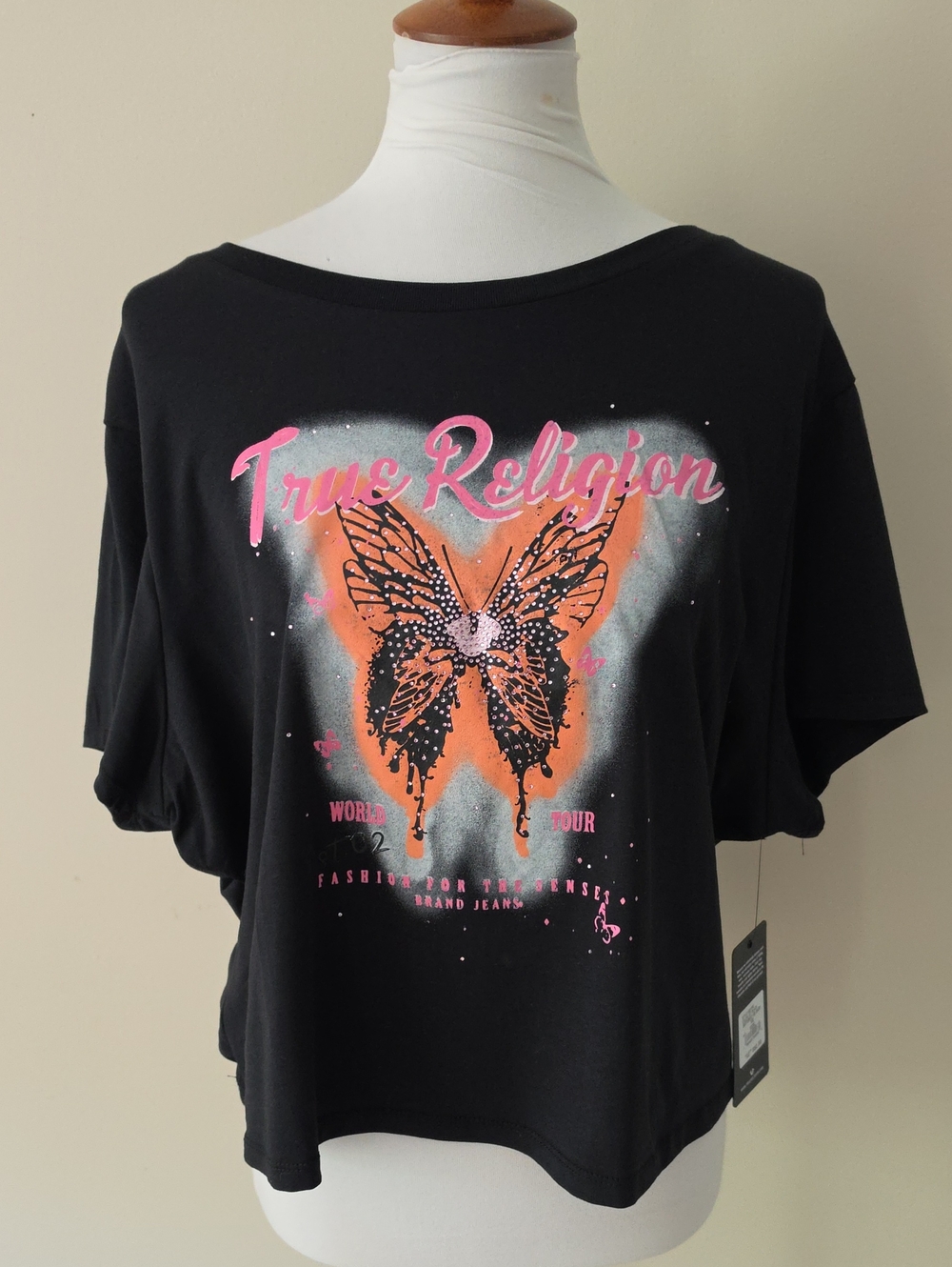 True Religion Brand Jeans Black Butterfly Graphic Crop Tee